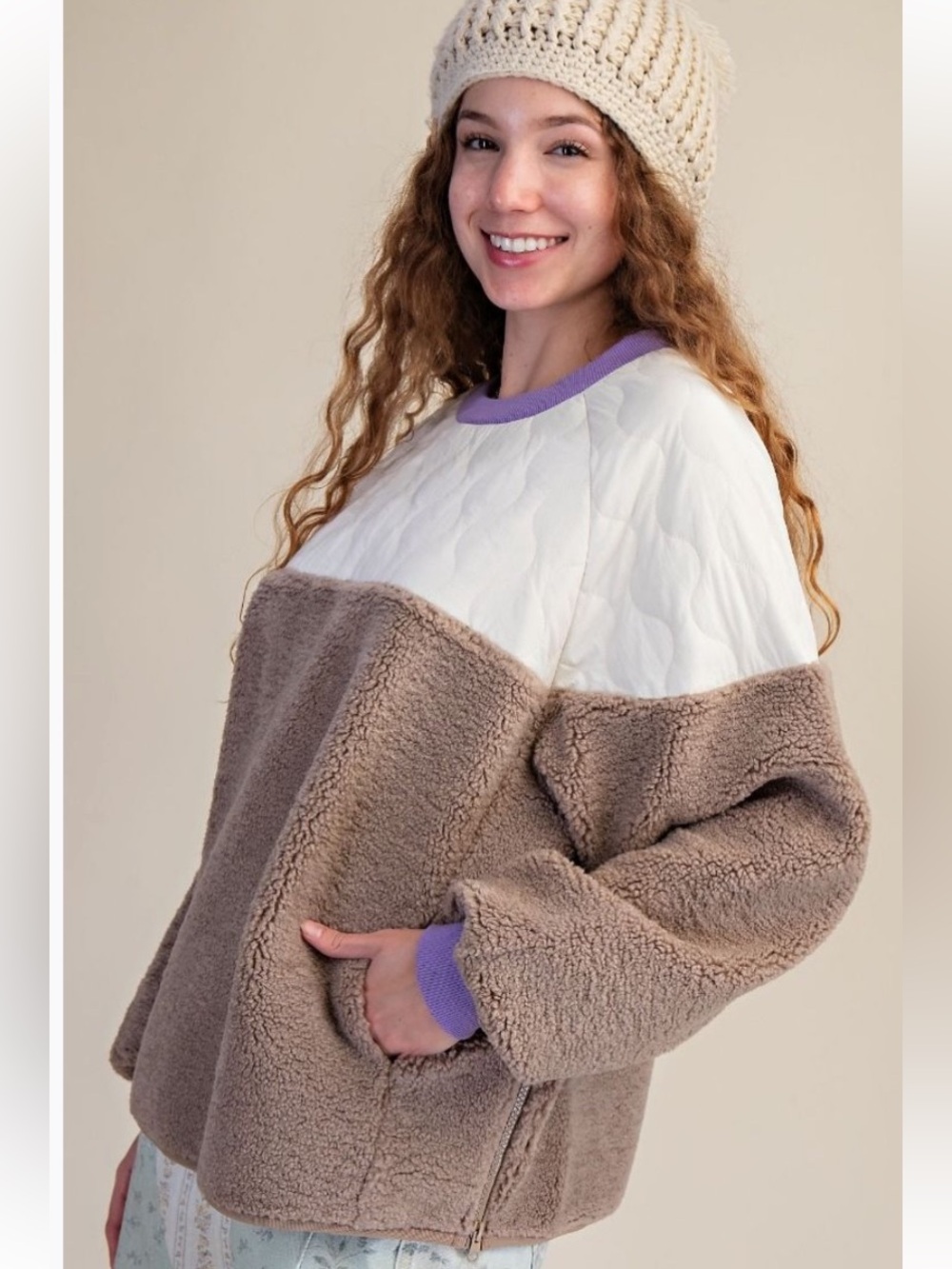 easel Two-Tone Sherpa Pullover in Taupe, Cream & Lavender Trim